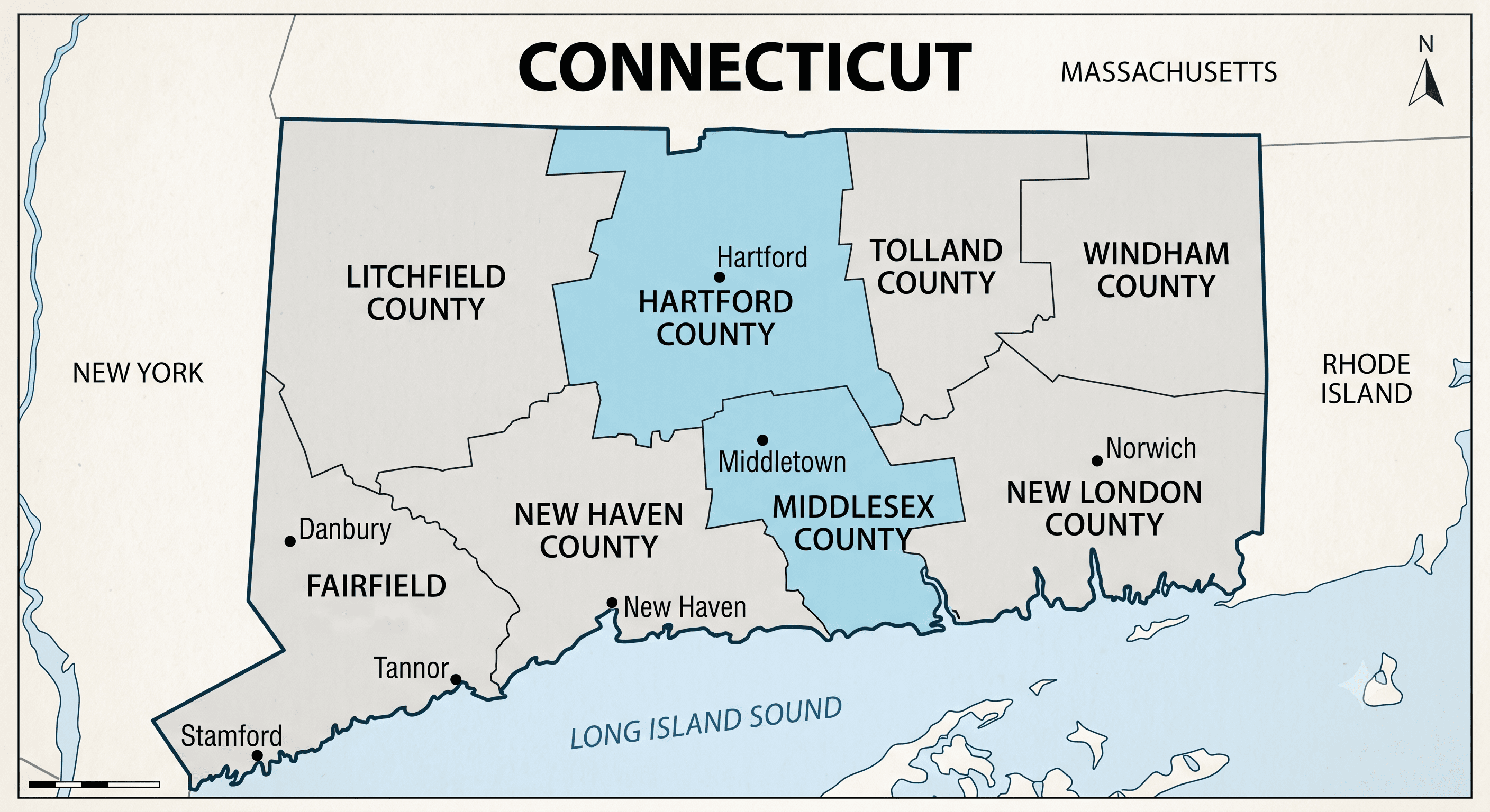 Connecticut state map with Hartford and Middlesex counties highlighted
