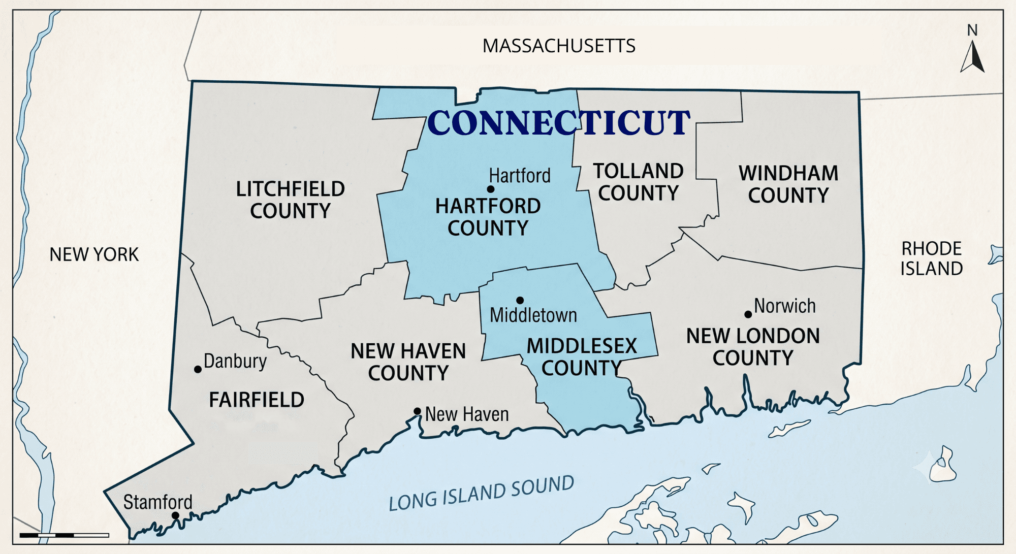 Connecticut state map with Hartford and Middlesex counties highlighted